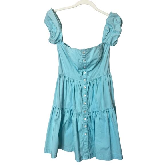 Staud Elio Tiered Mini Dress Women's sz. 6 in Turquoise Off the Shoulders - Picture 2 of 9